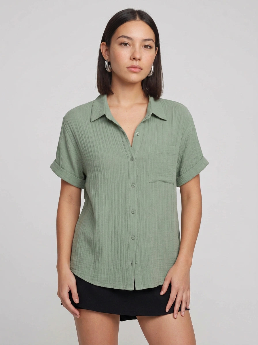 Brezza Gauze Short Sleeve Button Down Shirt – Women Button Up Blouse Casual Summer Beach Vacation Shirt