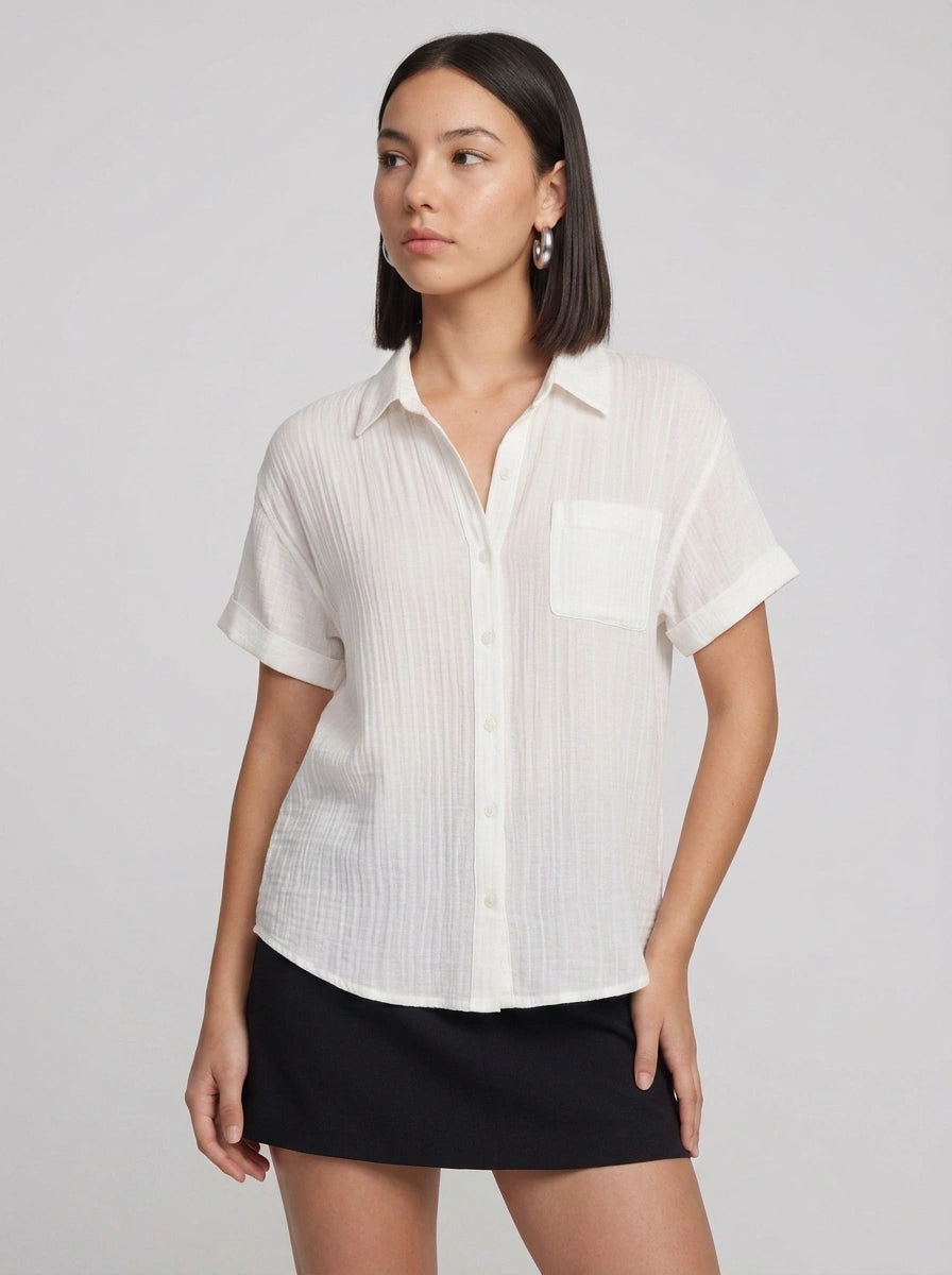 Brezza Gauze Short Sleeve Button Down Shirt – Women Button Up Blouse Casual Summer Beach Vacation Shirt