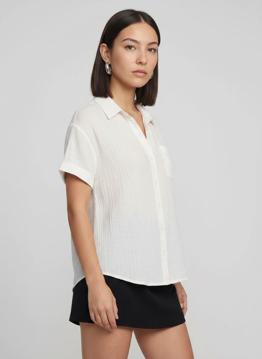 Brezza Gauze Short Sleeve Button Down Shirt – Women Button Up Blouse Casual Summer Beach Vacation Shirt