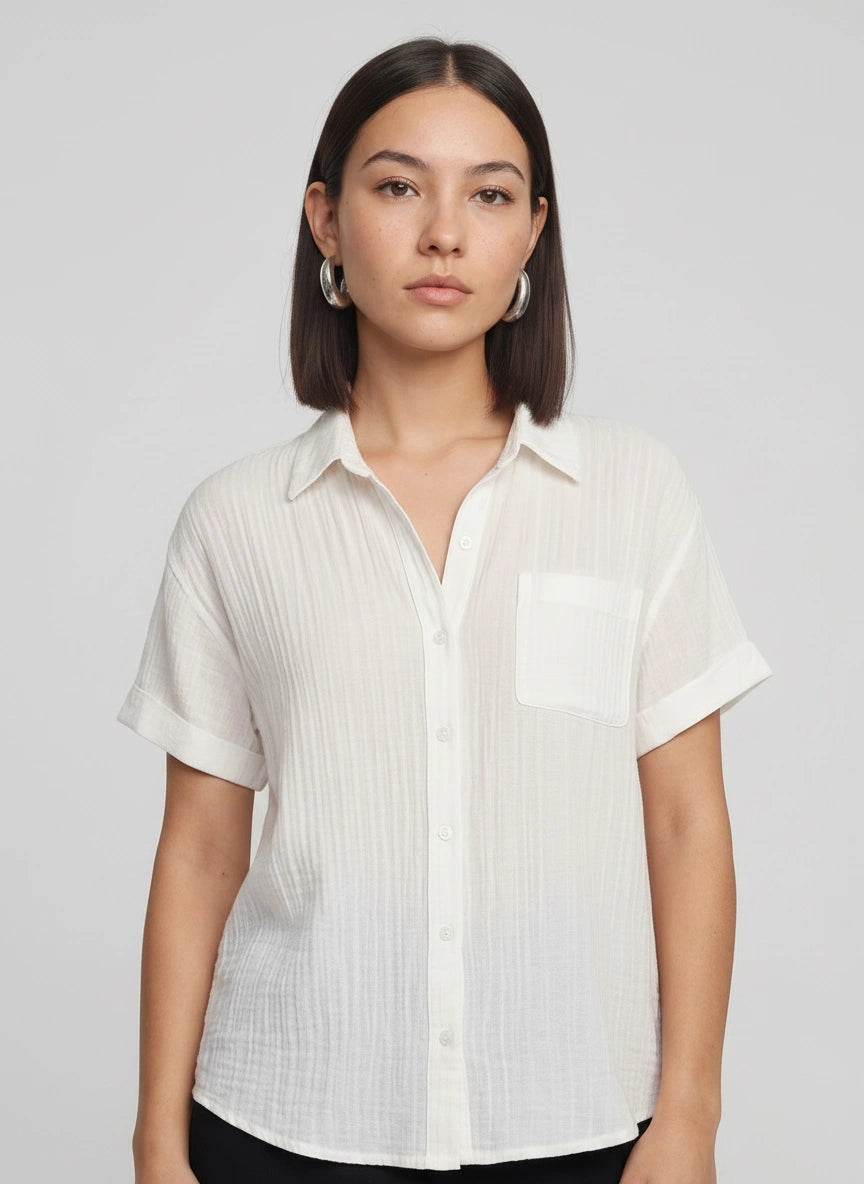 Brezza Gauze Short Sleeve Button Down Shirt – Women Button Up Blouse Casual Summer Beach Vacation Shirt