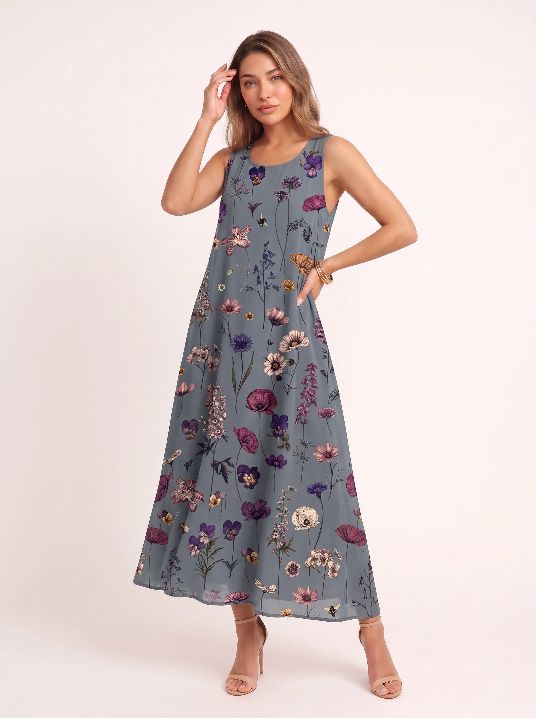 Scrollina Floral Printed Midi Dress – Sleeveless Dress Women Vacation Beach Casual Boho Floral Midi Dress