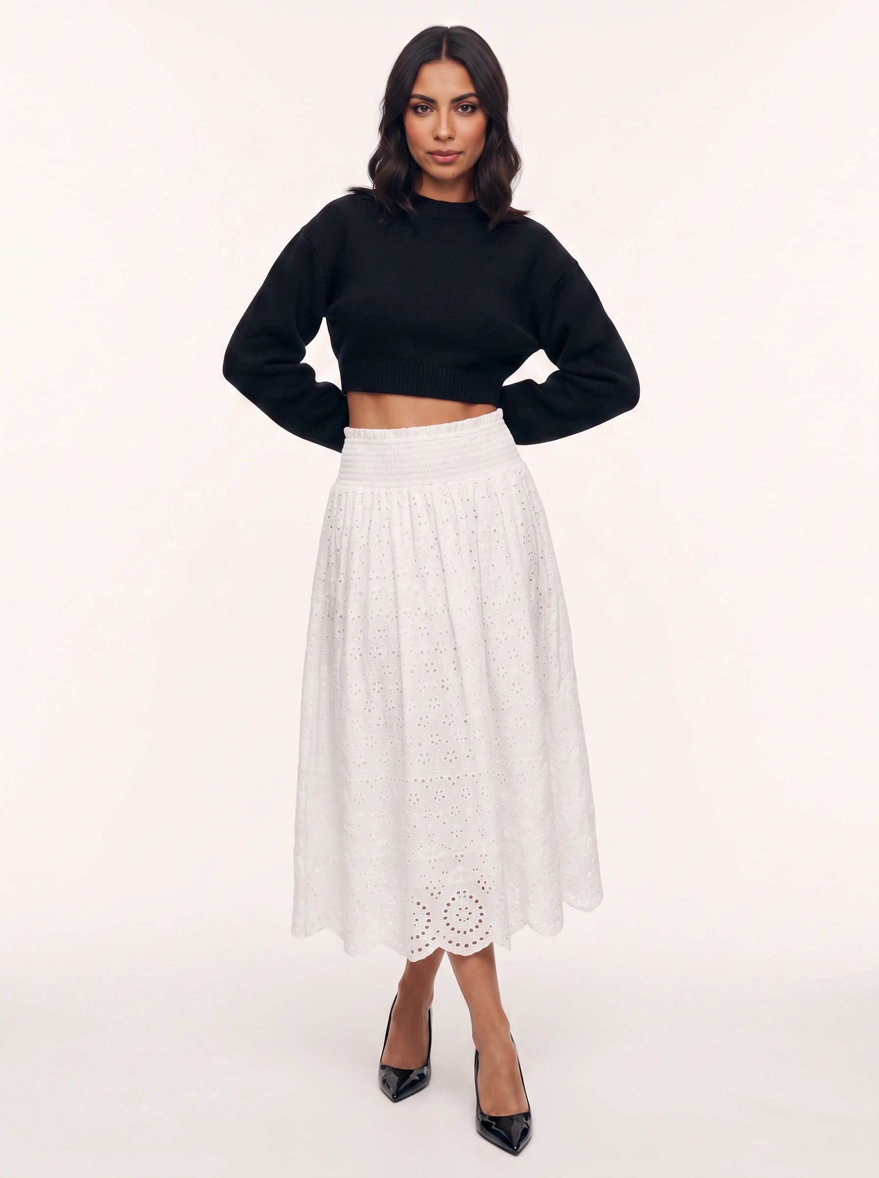 Brodella Eyelet Midi Skirt – Women Broderie Anglaise Elastic Waist Romantic Midi Skirt
