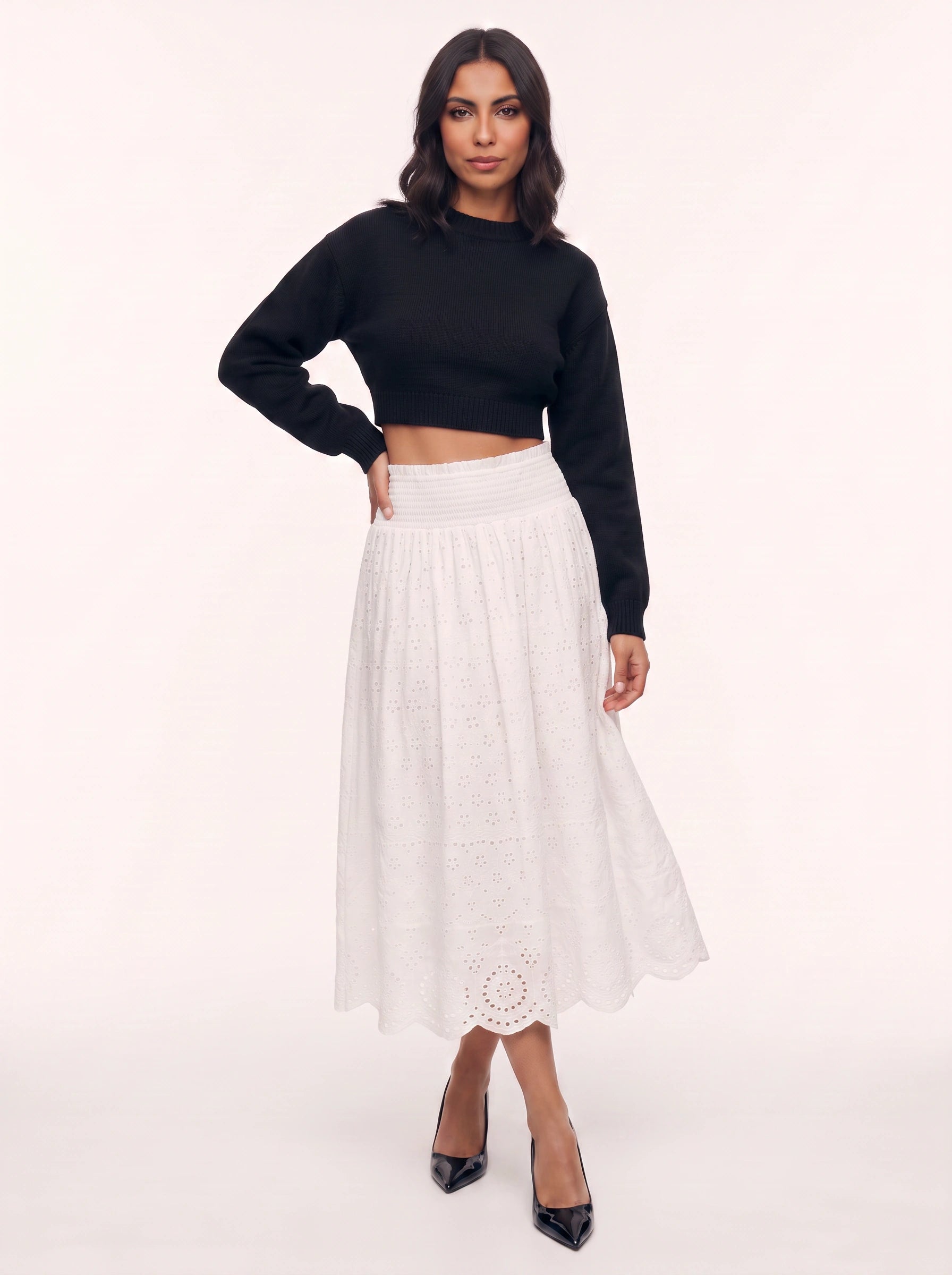 Brodella Eyelet Midi Skirt – Women Broderie Anglaise Elastic Waist Romantic Midi Skirt