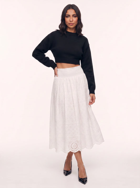 Brodella Eyelet Midi Skirt – Women Broderie Anglaise Elastic Waist Romantic Midi Skirt