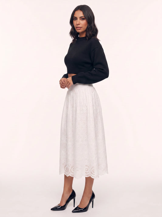 Brodella Eyelet Midi Skirt – Women Broderie Anglaise Elastic Waist Romantic Midi Skirt
