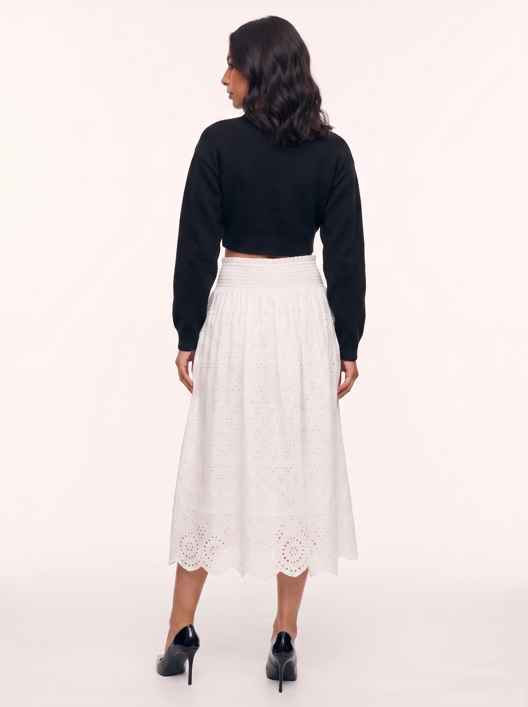 Brodella Eyelet Midi Skirt – Women Broderie Anglaise Elastic Waist Romantic Midi Skirt