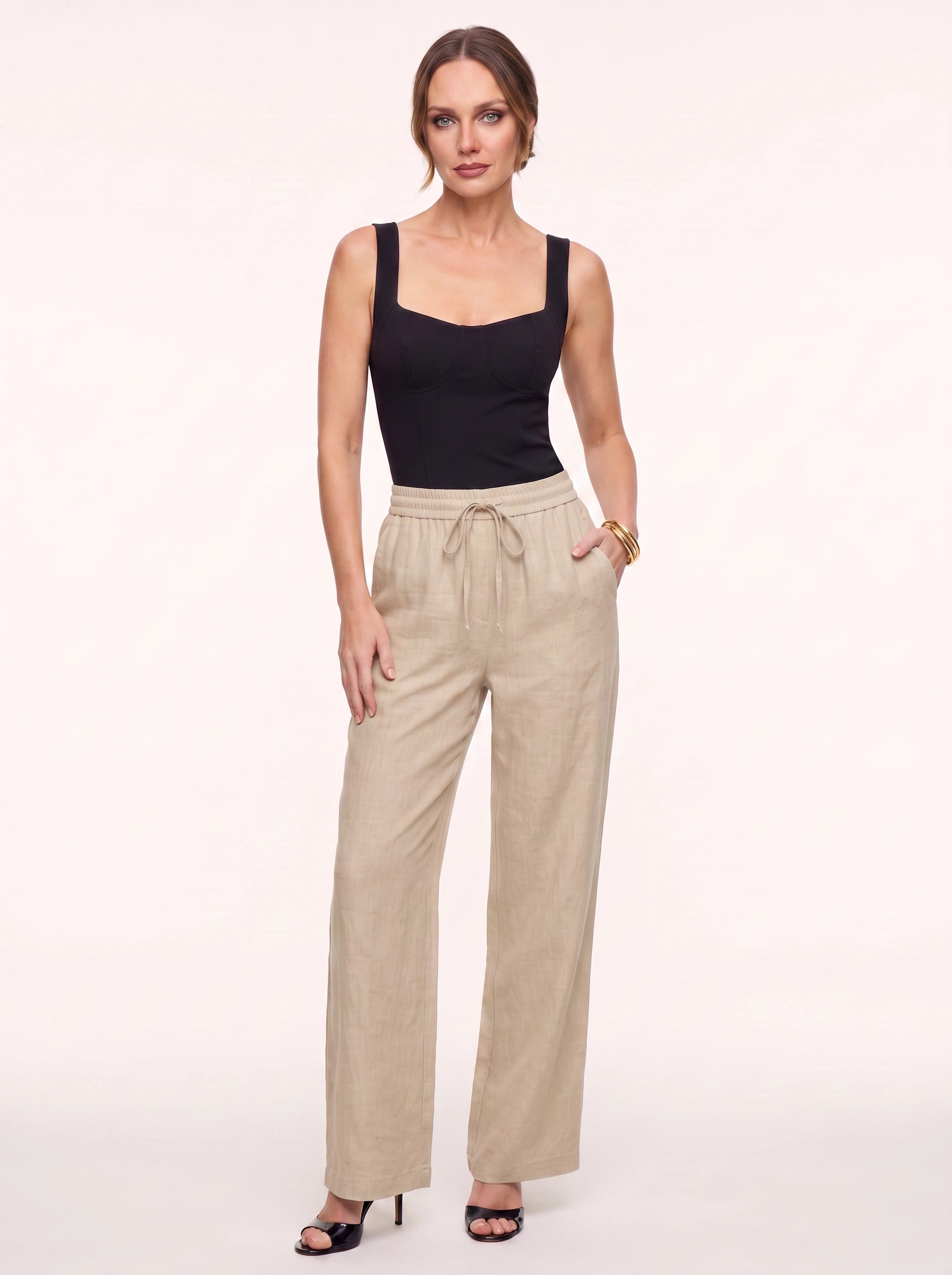 Lintessa Wide-Leg Linen Pants – Women Summer Casual Drawstring High-Waist Trousers Linen Pants