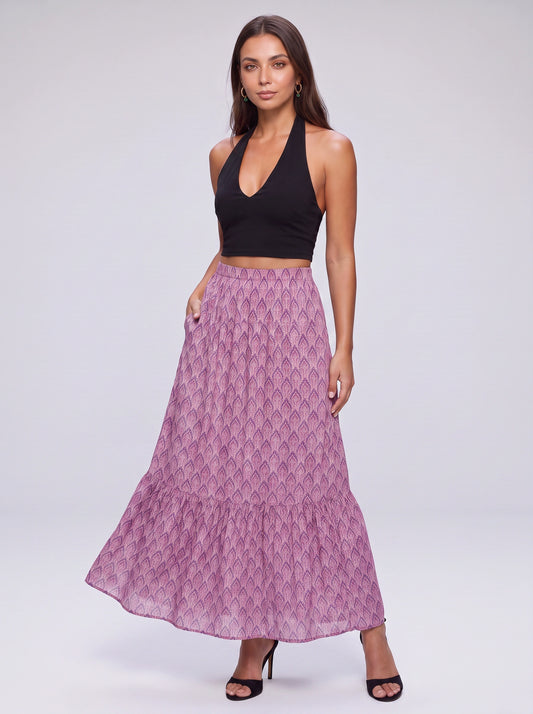 Scallia Tiered Maxi Skirt – High-Waist Printed Pocket Flowy Maxi Skirt Women Boho Summer Beach Vacation Cottagecore