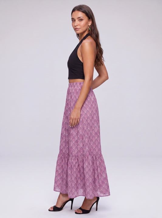 Scallia Tiered Maxi Skirt – High-Waist Printed Pocket Flowy Maxi Skirt Women Boho Summer Beach Vacation Cottagecore