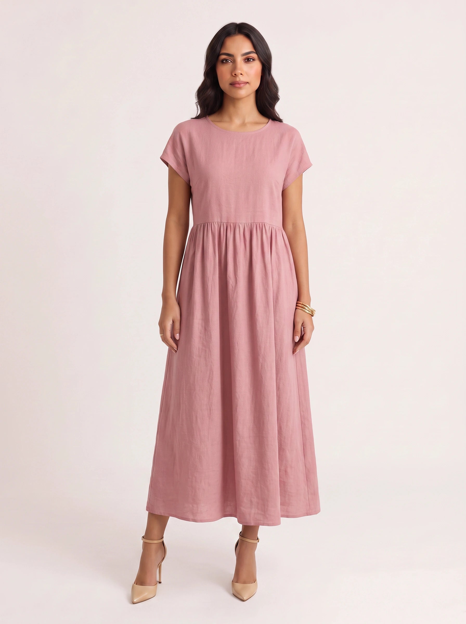 Roslin Gathered Waist Maxi Dress – Short Sleeve Midi Dress Women Casual Summer Linen Flowy Maxi Dress