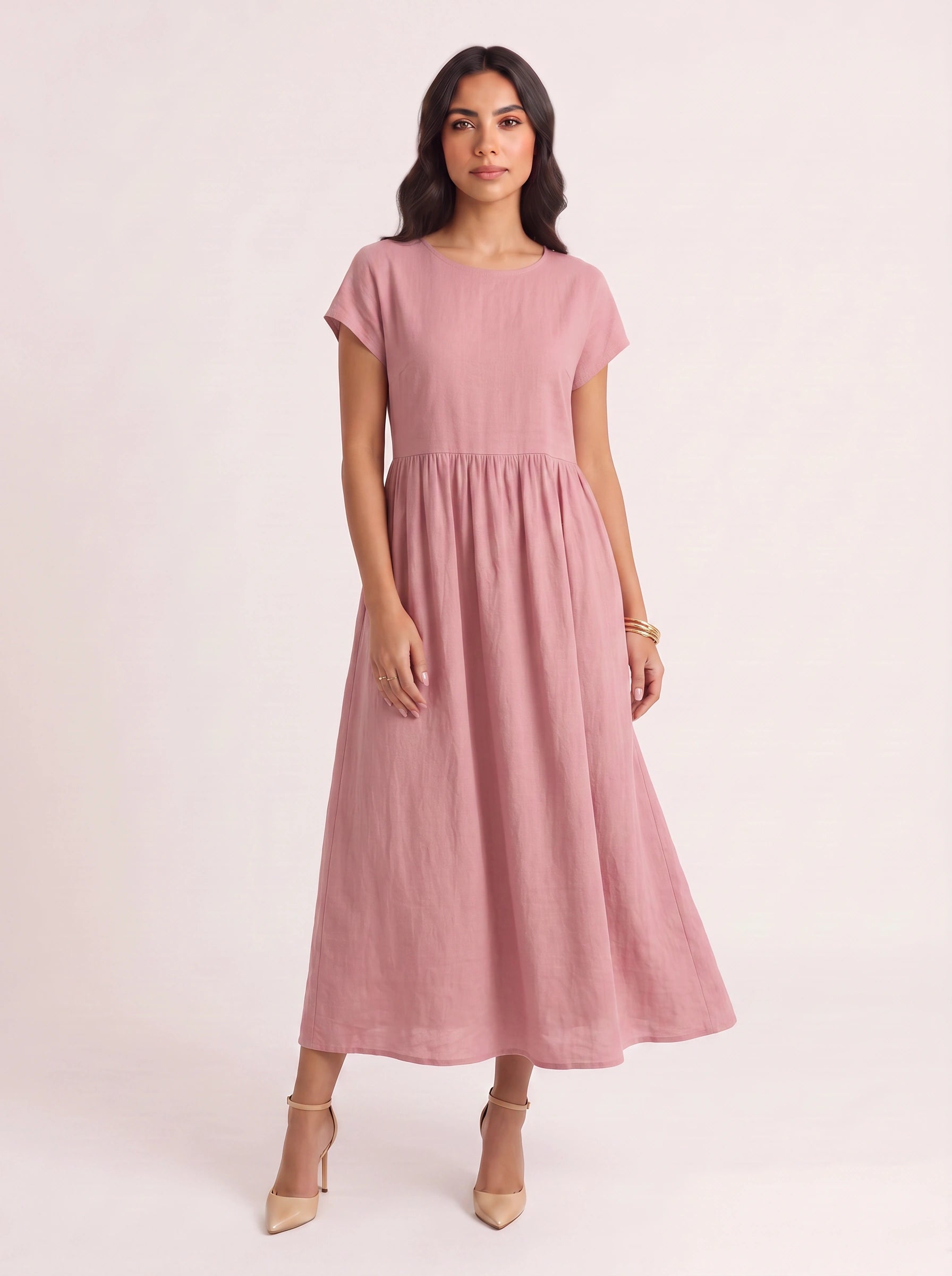 Roslin Gathered Waist Maxi Dress – Short Sleeve Midi Dress Women Casual Summer Linen Flowy Maxi Dress