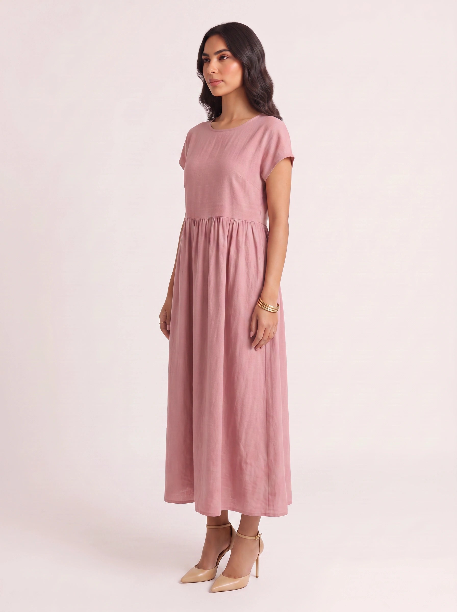 Roslin Gathered Waist Maxi Dress – Short Sleeve Midi Dress Women Casual Summer Linen Flowy Maxi Dress