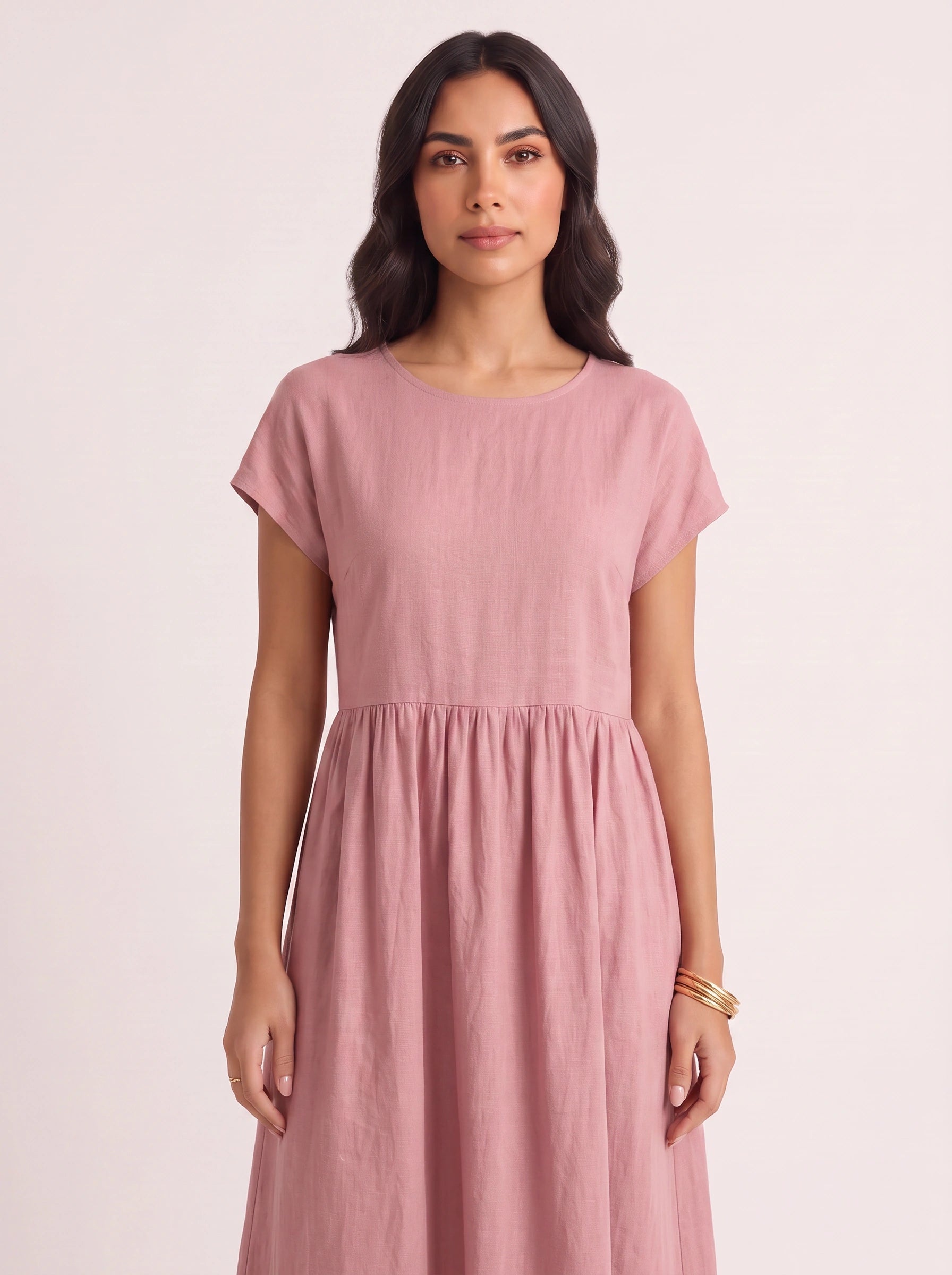 Roslin Gathered Waist Maxi Dress – Short Sleeve Midi Dress Women Casual Summer Linen Flowy Maxi Dress