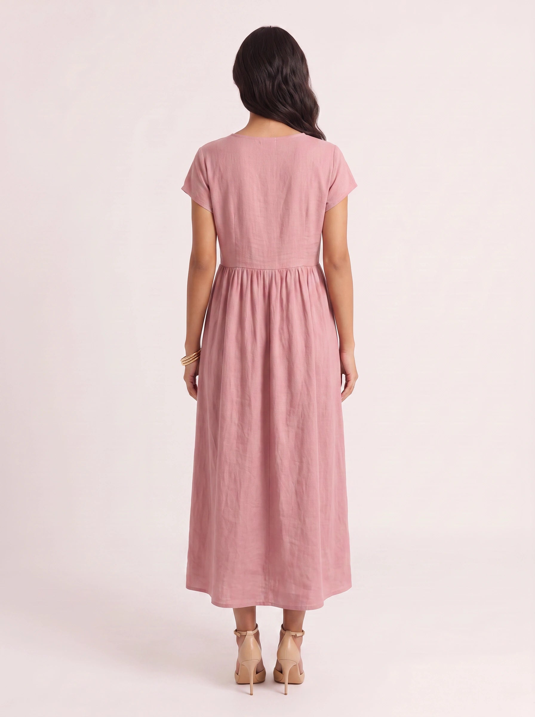 Roslin Gathered Waist Maxi Dress – Short Sleeve Midi Dress Women Casual Summer Linen Flowy Maxi Dress