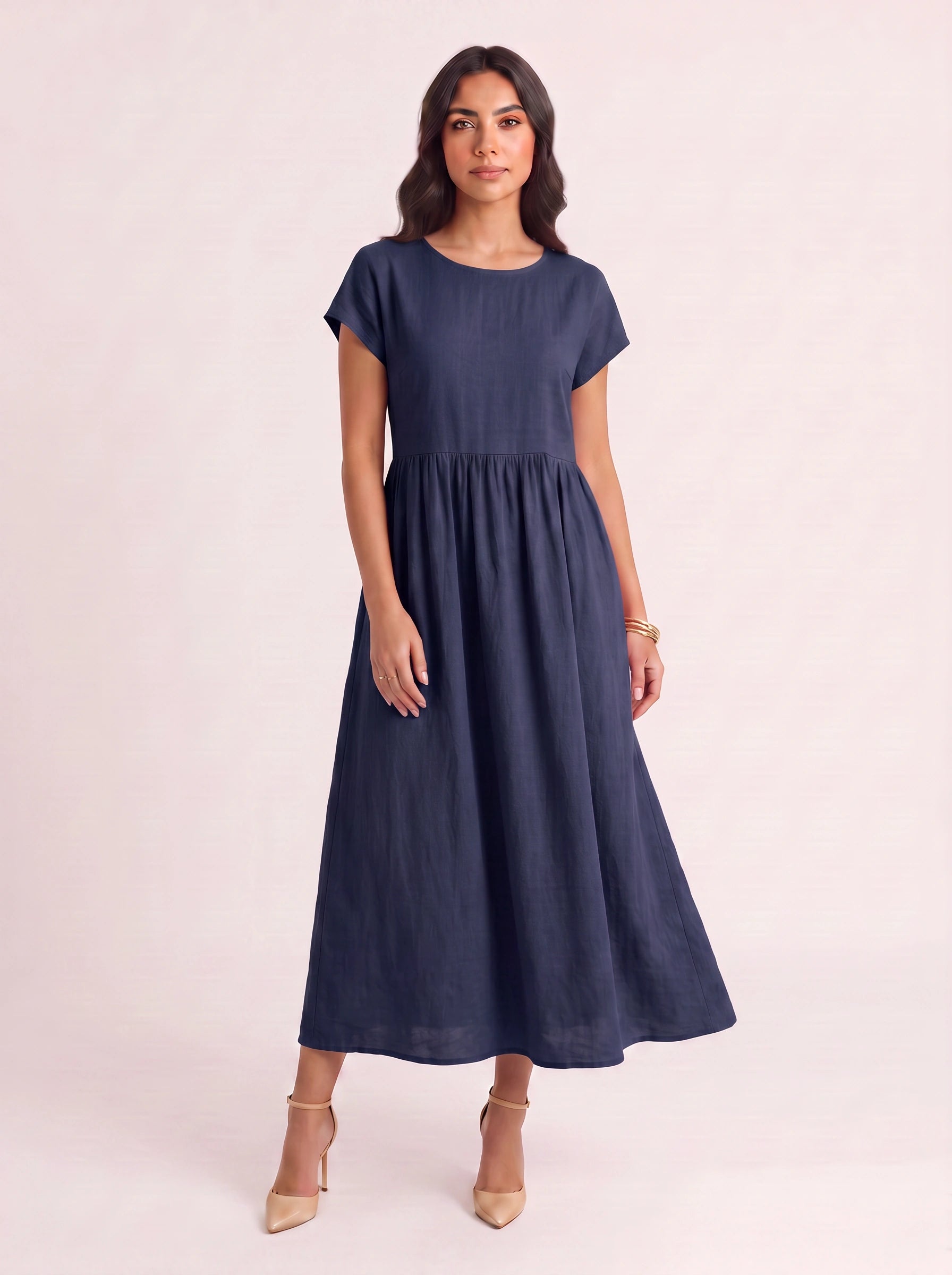 Roslin Gathered Waist Maxi Dress – Short Sleeve Midi Dress Women Casual Summer Linen Flowy Maxi Dress