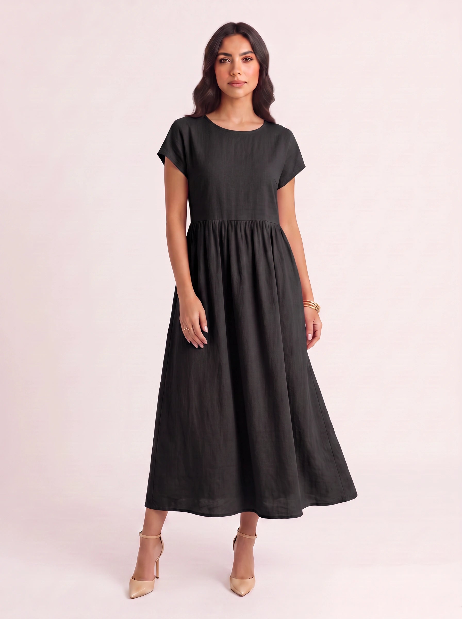 Roslin Gathered Waist Maxi Dress – Short Sleeve Midi Dress Women Casual Summer Linen Flowy Maxi Dress