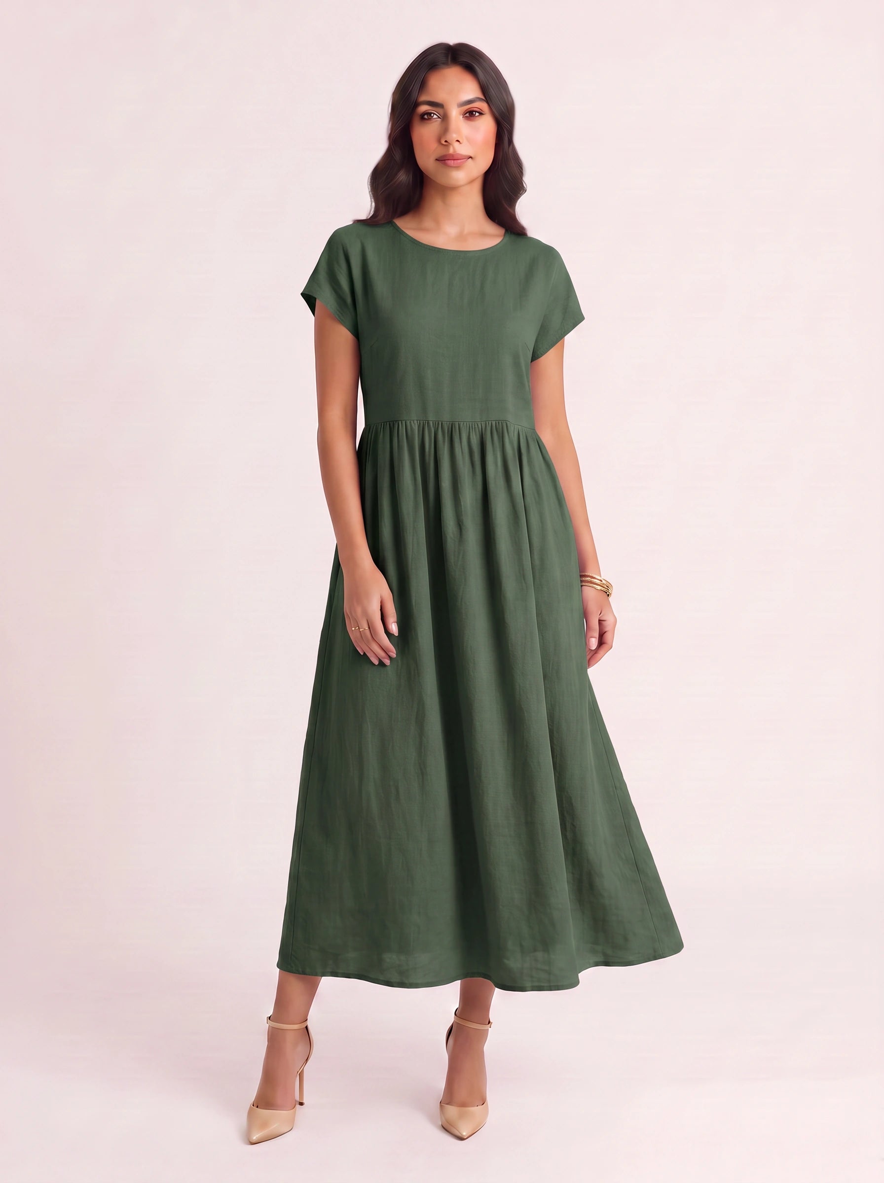 Roslin Gathered Waist Maxi Dress – Short Sleeve Midi Dress Women Casual Summer Linen Flowy Maxi Dress