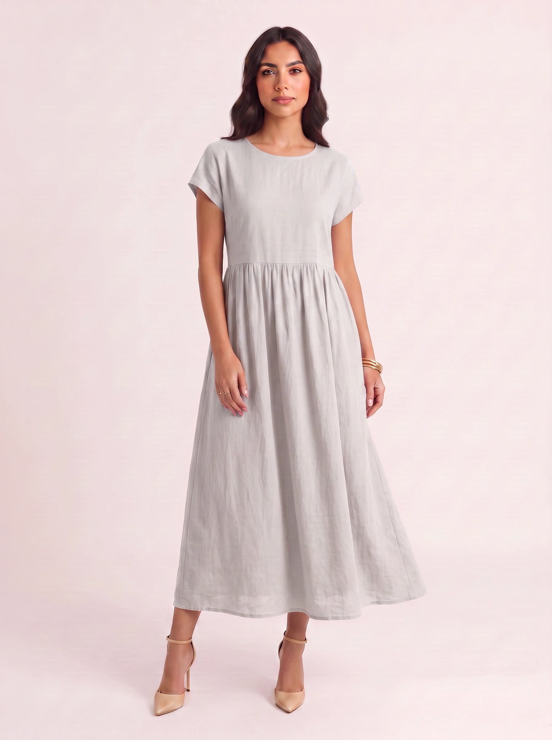Roslin Gathered Waist Maxi Dress – Short Sleeve Midi Dress Women Casual Summer Linen Flowy Maxi Dress