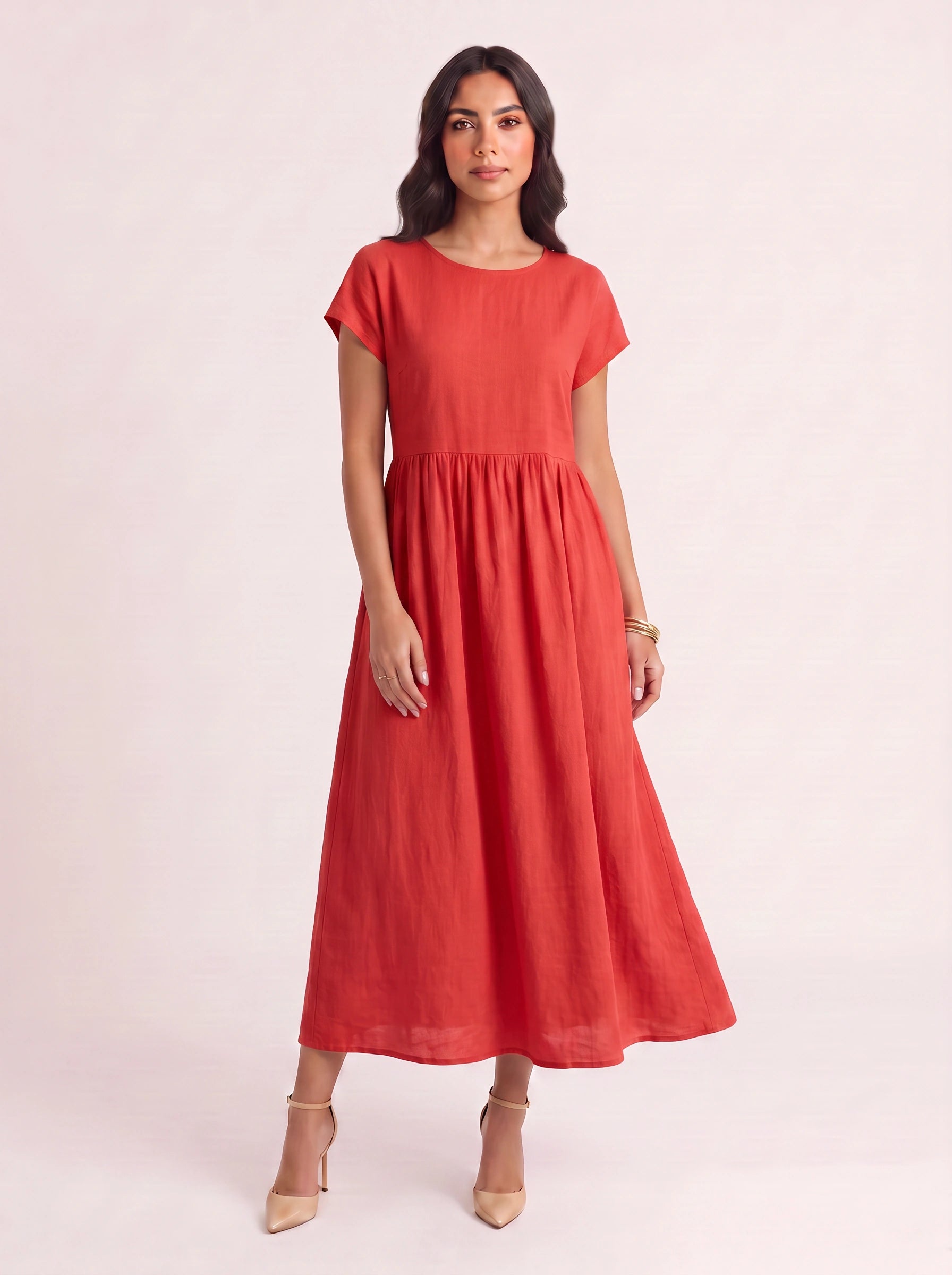 Roslin Gathered Waist Maxi Dress – Short Sleeve Midi Dress Women Casual Summer Linen Flowy Maxi Dress