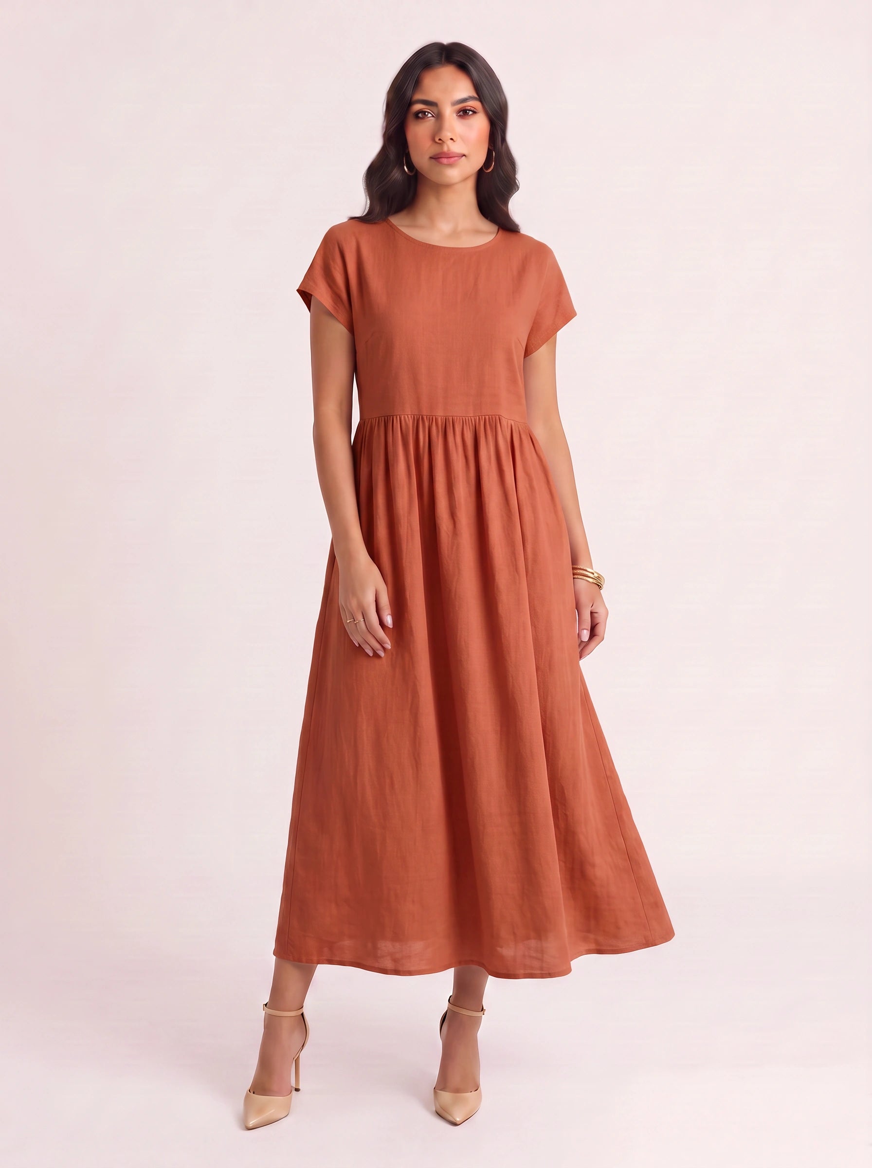 Roslin Gathered Waist Maxi Dress – Short Sleeve Midi Dress Women Casual Summer Linen Flowy Maxi Dress