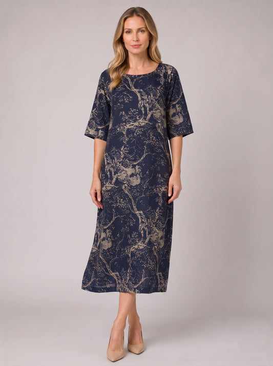 Rameaux Toile Print Midi Dress – Midi Dress Women Casual Summer Linen Bohemian Vintage Printed Dresses