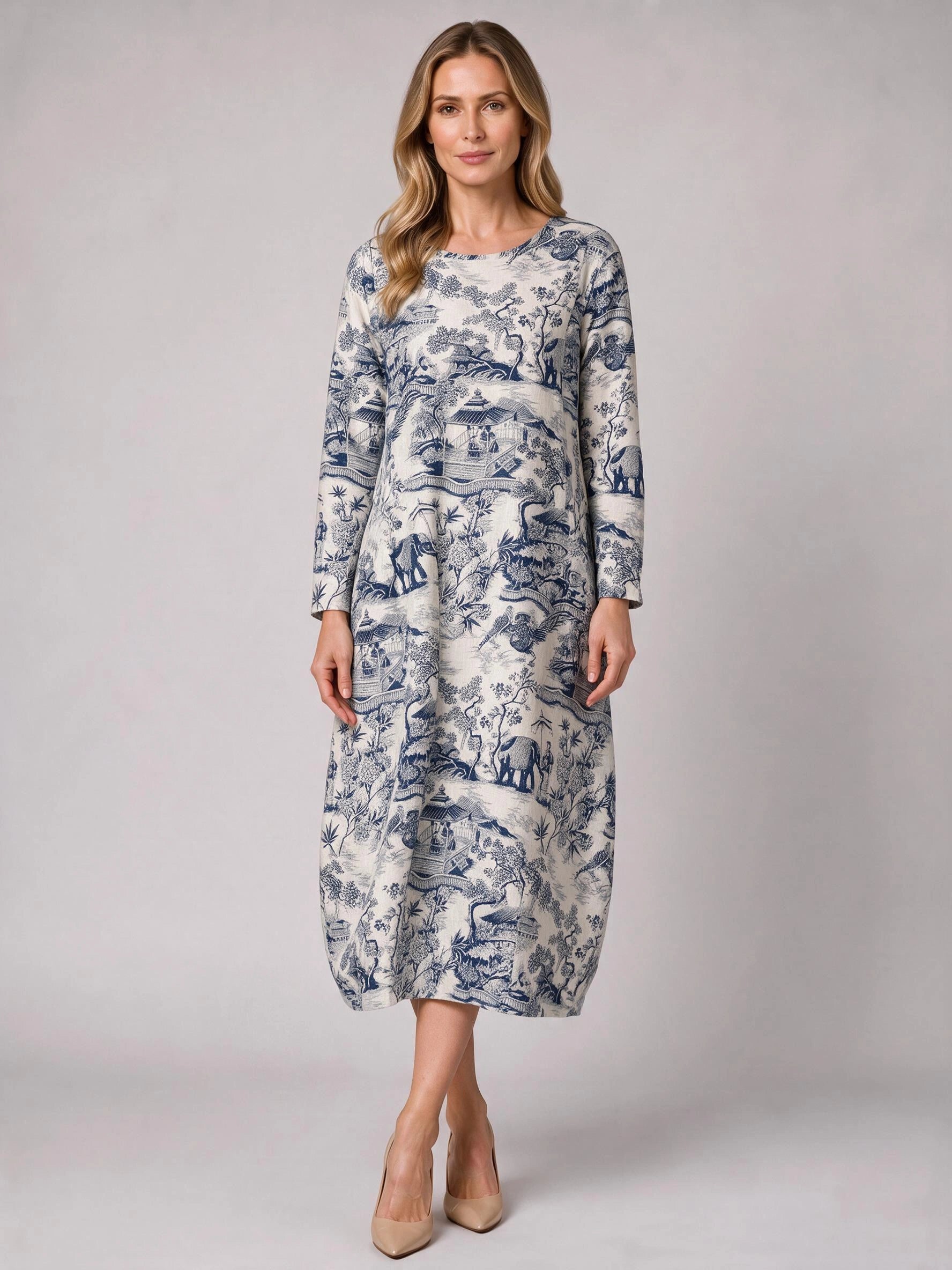 Rameaux Toile Print Midi Dress – Midi Dress Women Casual Summer Linen Bohemian Vintage Printed Dresses