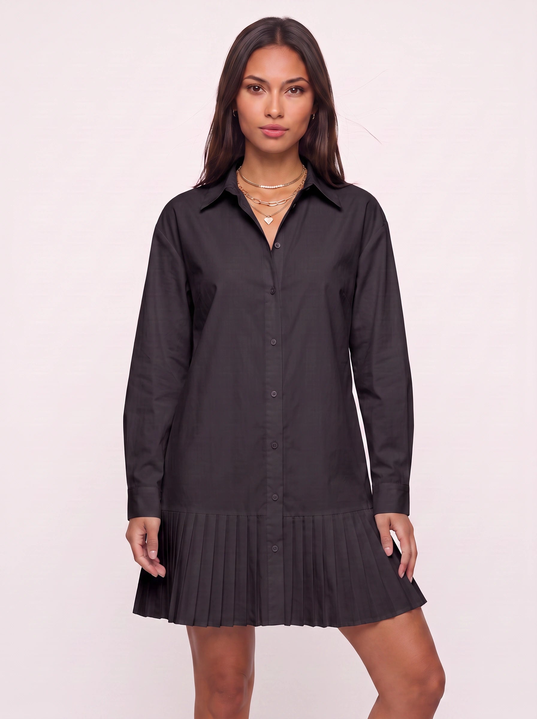 Patmos Pleated Hem Shirt Dress – Women Button Down Mini Dress Casual Office Smart Workwear Shirt Dress