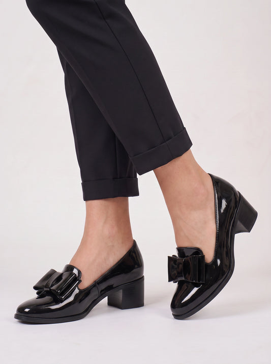 Fioccri Patent Bow Block Heel Loafers – Women Patent Leather Shoes Bow Detail Low Heel Loafers