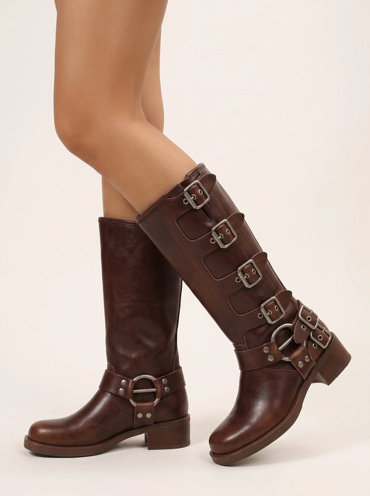 Fibella Harness Knee Boots – Women Leather Buckle Strap Knee High Boots Western Cowgirl Riding Motorcycle Boots