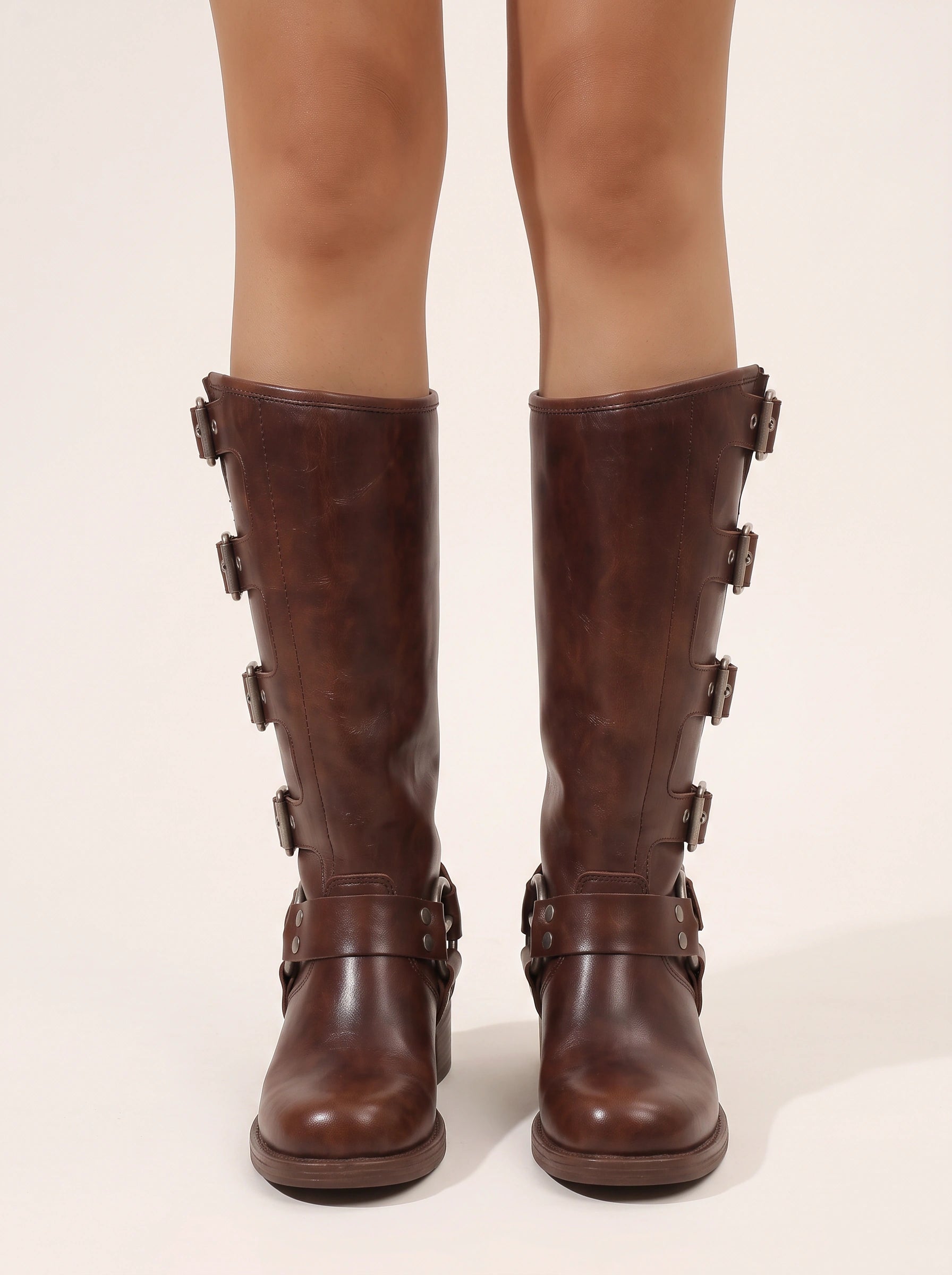 Fibella Harness Knee Boots – Women Leather Buckle Strap Knee High Boots Western Cowgirl Riding Motorcycle Boots