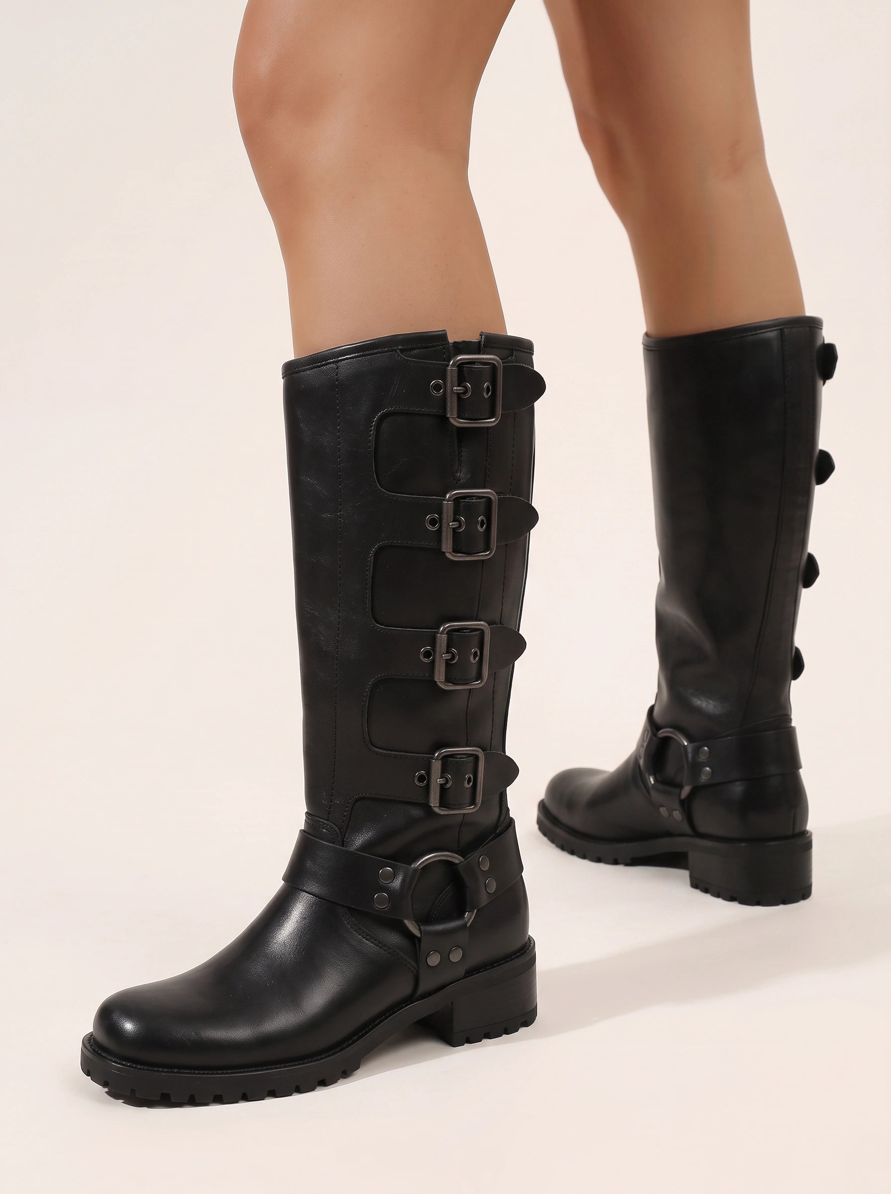 Fibella Harness Knee Boots – Women Leather Buckle Strap Knee High Boots Western Cowgirl Riding Motorcycle Boots