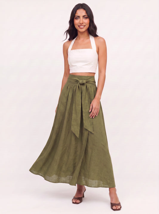 Cintara Linen Wrap Maxi Skirt – High Waist Tie Belt Women Boho Summer Vacation Flowy Maxi Skirt