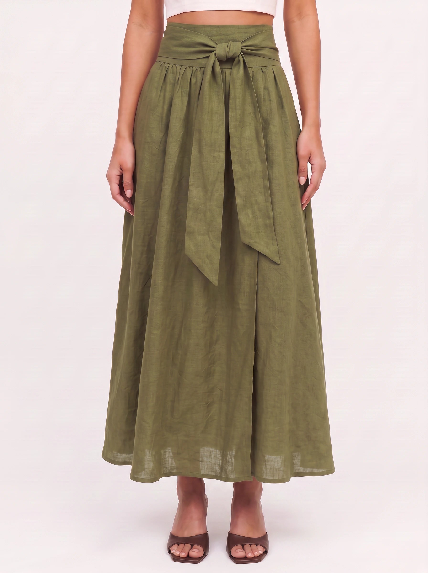 Cintara Linen Wrap Maxi Skirt – High Waist Tie Belt Women Boho Summer Vacation Flowy Maxi Skirt