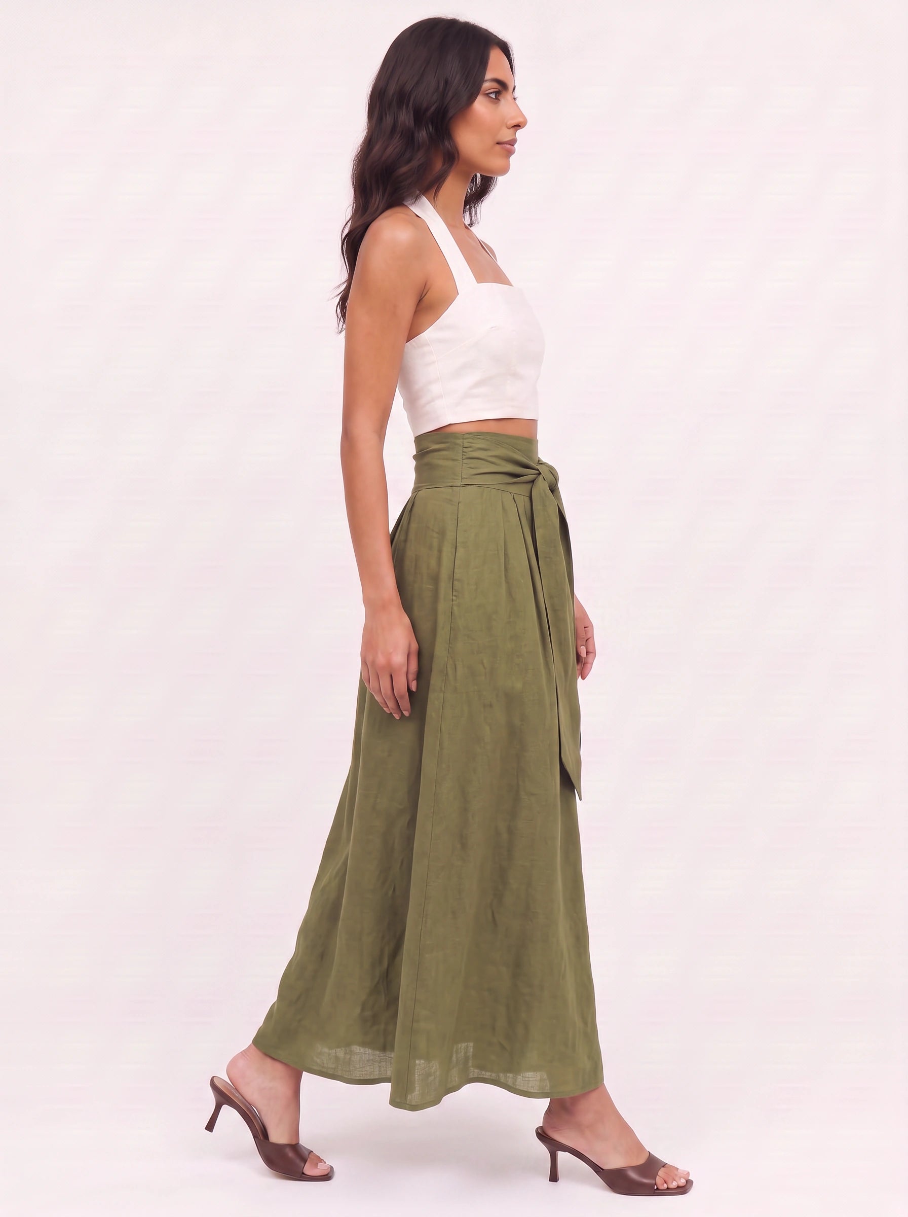 Cintara Linen Wrap Maxi Skirt – High Waist Tie Belt Women Boho Summer Vacation Flowy Maxi Skirt