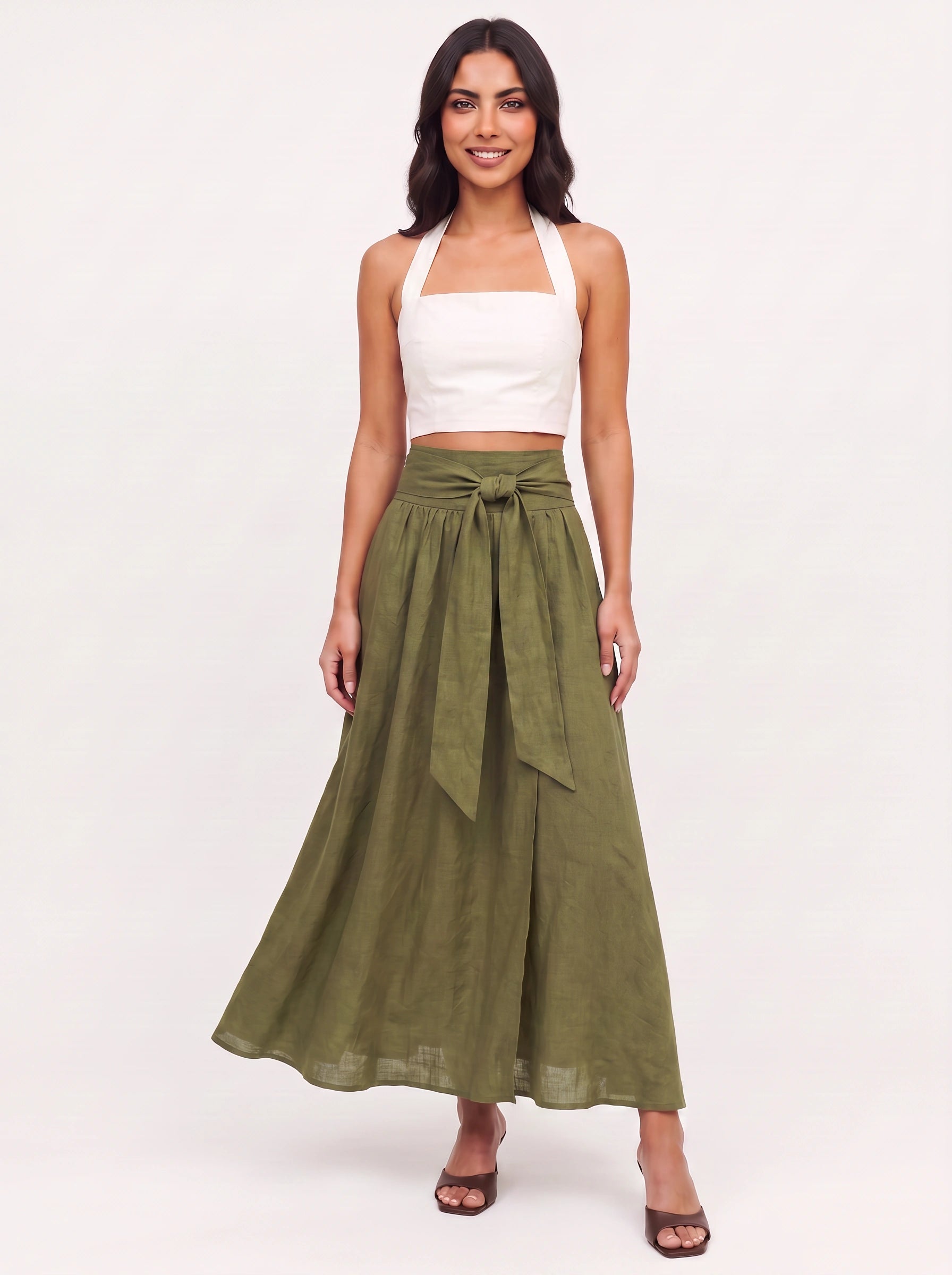 Cintara Linen Wrap Maxi Skirt – High Waist Tie Belt Women Boho Summer Vacation Flowy Maxi Skirt