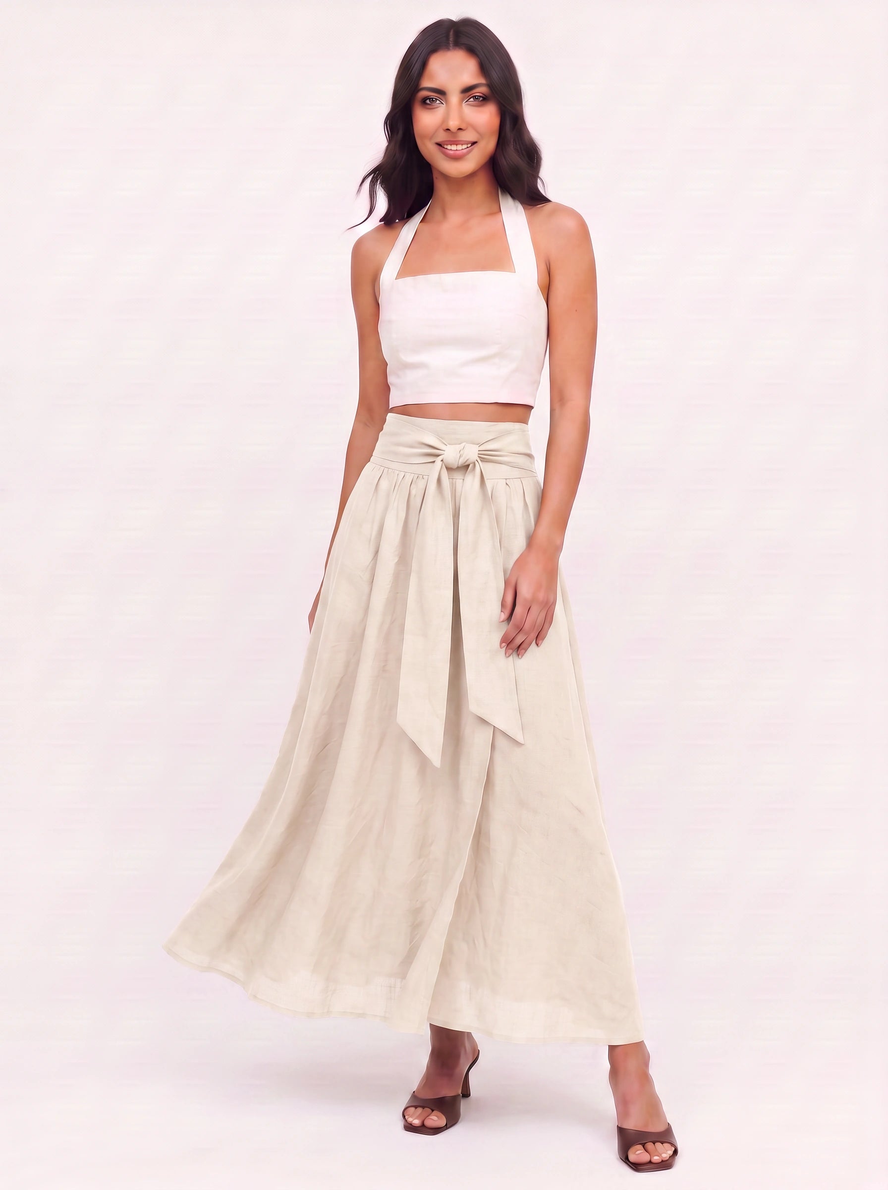 Cintara Linen Wrap Maxi Skirt – High Waist Tie Belt Women Boho Summer Vacation Flowy Maxi Skirt