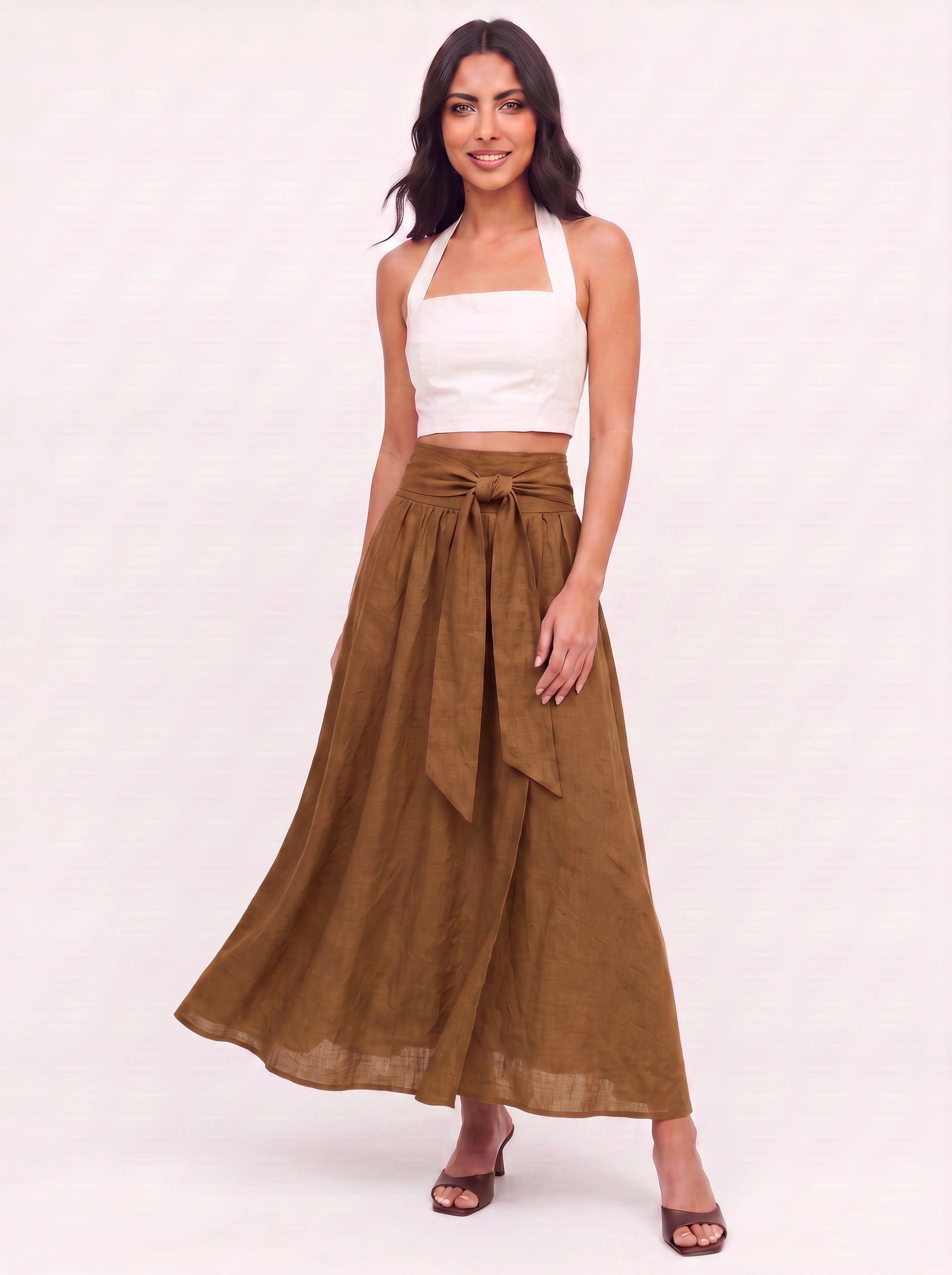 Cintara Linen Wrap Maxi Skirt – High Waist Tie Belt Women Boho Summer Vacation Flowy Maxi Skirt