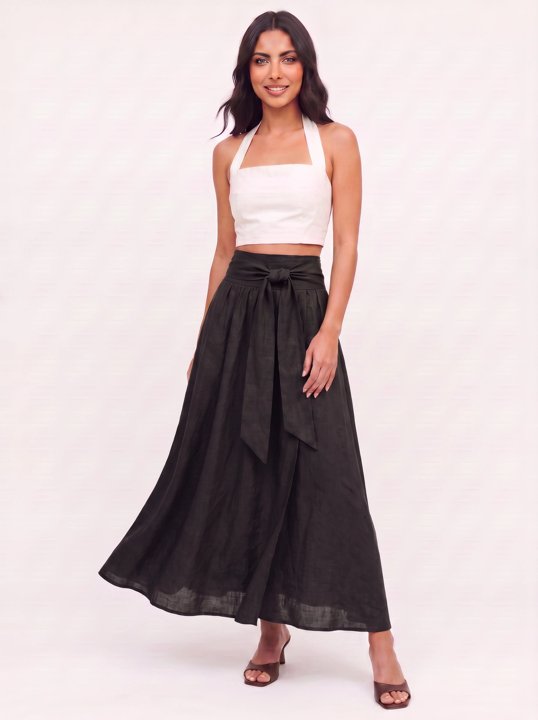 Cintara Linen Wrap Maxi Skirt – High Waist Tie Belt Women Boho Summer Vacation Flowy Maxi Skirt