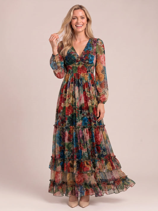 Floramora Tiered Ruffle Maxi Dress – Floral Maxi Dress Women Wedding Guest Long Sleeve Boho Summer Evening