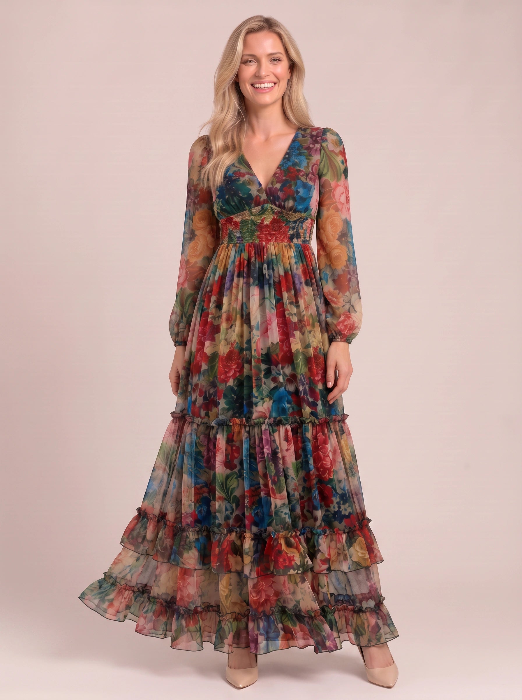 Floramora Tiered Ruffle Maxi Dress – Floral Maxi Dress Women Wedding Guest Long Sleeve Boho Summer Evening