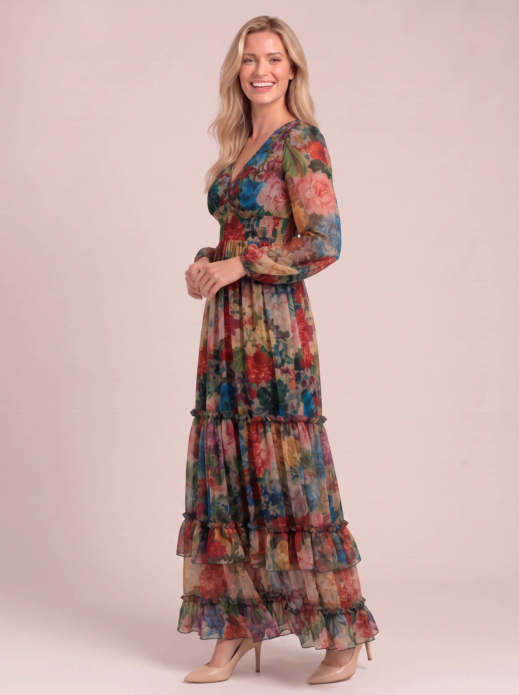 Floramora Tiered Ruffle Maxi Dress – Floral Maxi Dress Women Wedding Guest Long Sleeve Boho Summer Evening