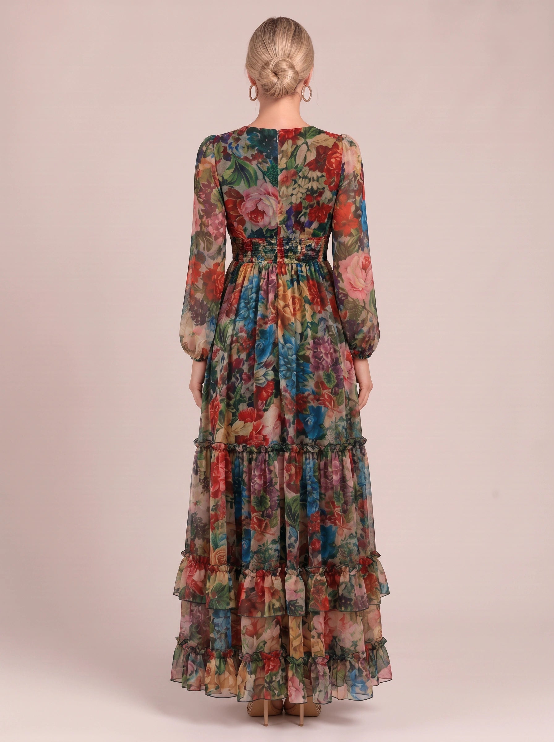Floramora Tiered Ruffle Maxi Dress – Floral Maxi Dress Women Wedding Guest Long Sleeve Boho Summer Evening