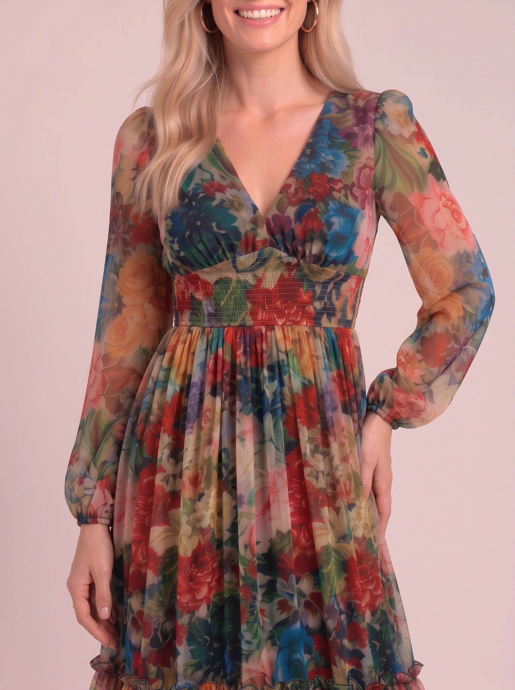 Floramora Tiered Ruffle Maxi Dress – Floral Maxi Dress Women Wedding Guest Long Sleeve Boho Summer Evening