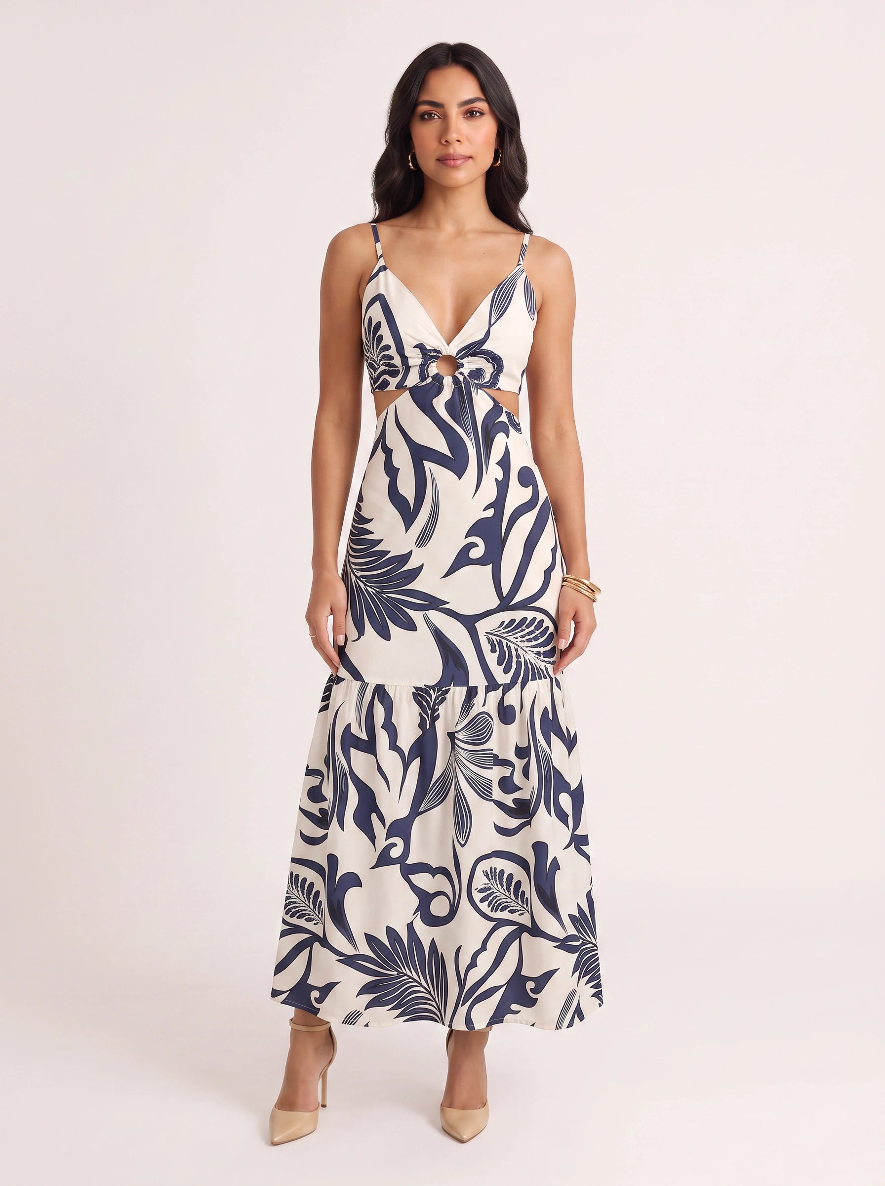 Florint Cutout Tie-Front Maxi Dress – Women Summer Vacation Beach Wedding Guest Floral Print Maxi Dress