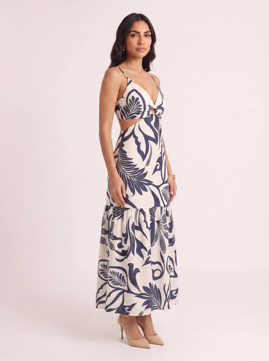 Florint Cutout Tie-Front Maxi Dress – Women Summer Vacation Beach Wedding Guest Floral Print Maxi Dress