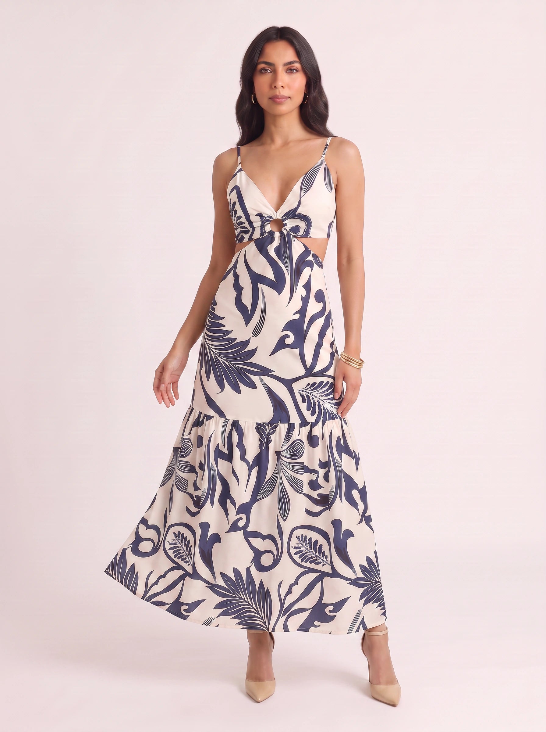 Florint Cutout Tie-Front Maxi Dress – Women Summer Vacation Beach Wedding Guest Floral Print Maxi Dress