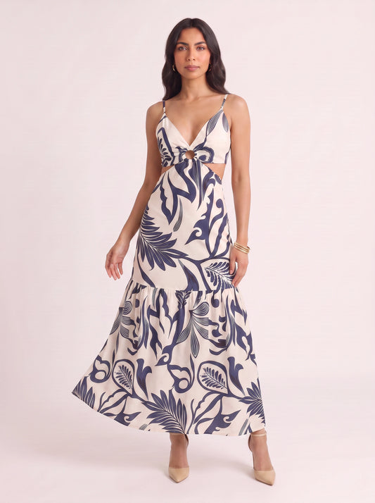 Florint Cutout Tie-Front Maxi Dress – Women Summer Vacation Beach Wedding Guest Floral Print Maxi Dress