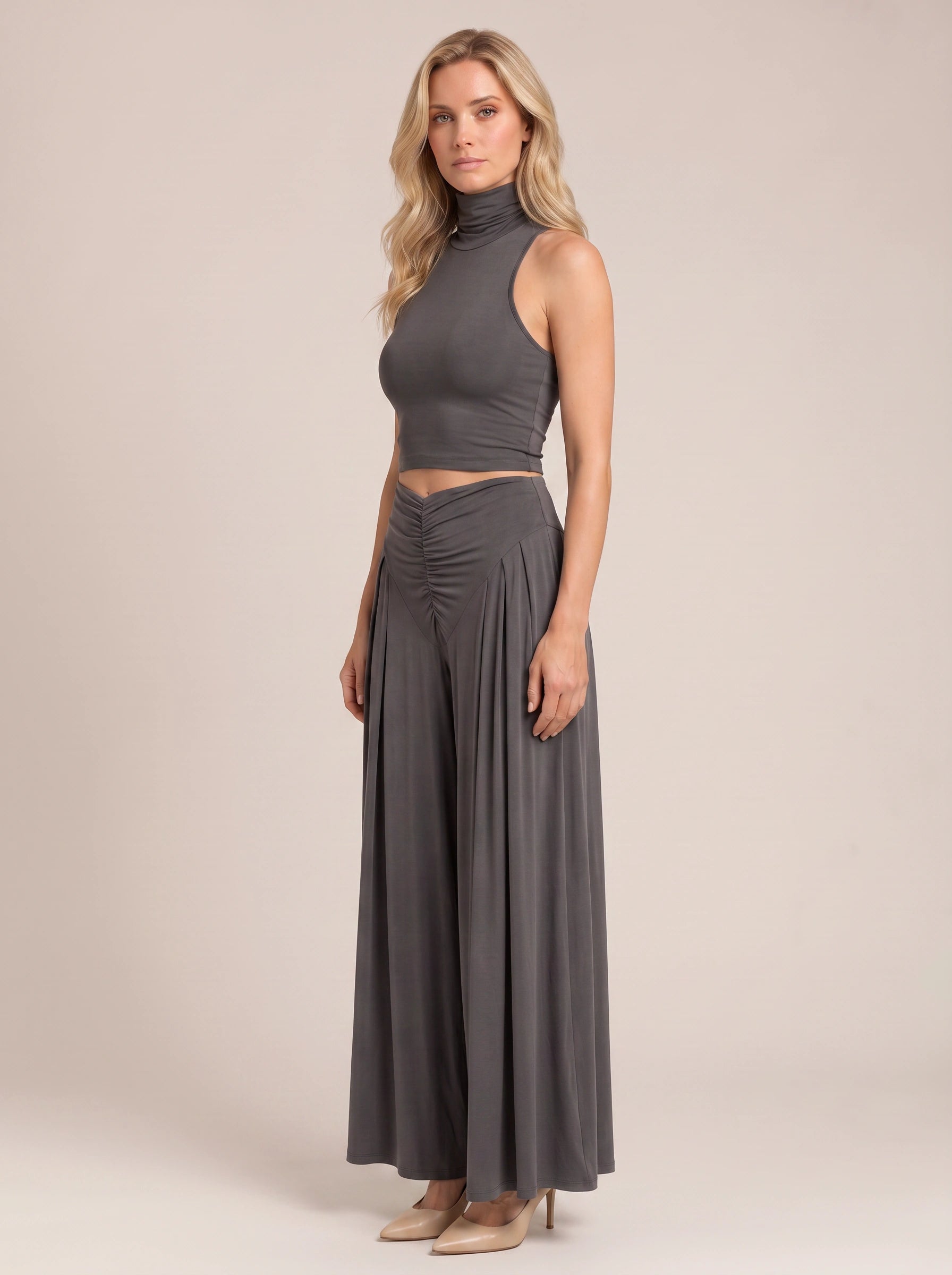 Vespera Turtleneck Crop Top Co-Ord Set – Two Piece Sets Women Lounge Loungewear Elegant Evening Wide Leg Pants