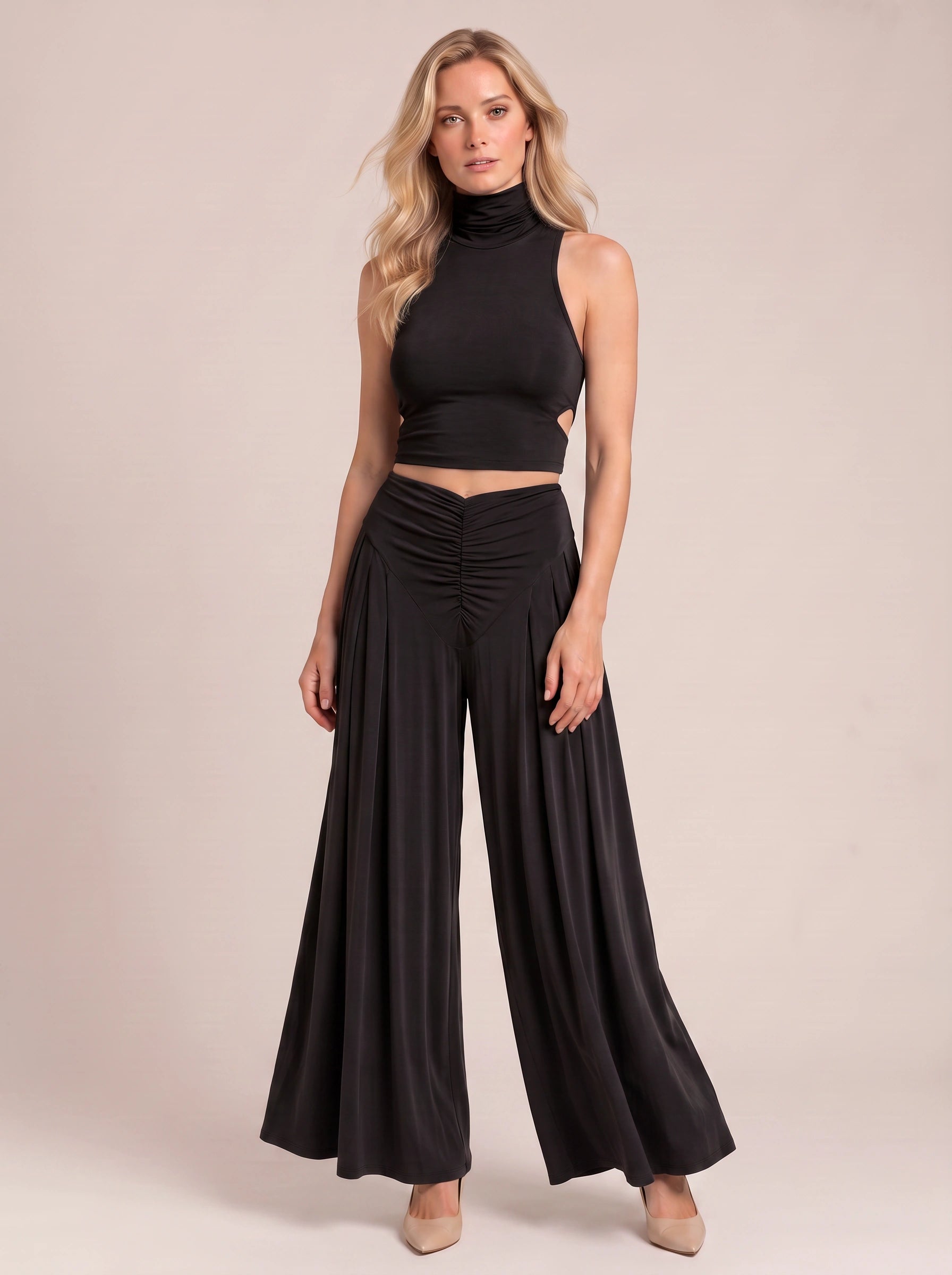 Vespera Turtleneck Crop Top Co-Ord Set – Two Piece Sets Women Lounge Loungewear Elegant Evening Wide Leg Pants