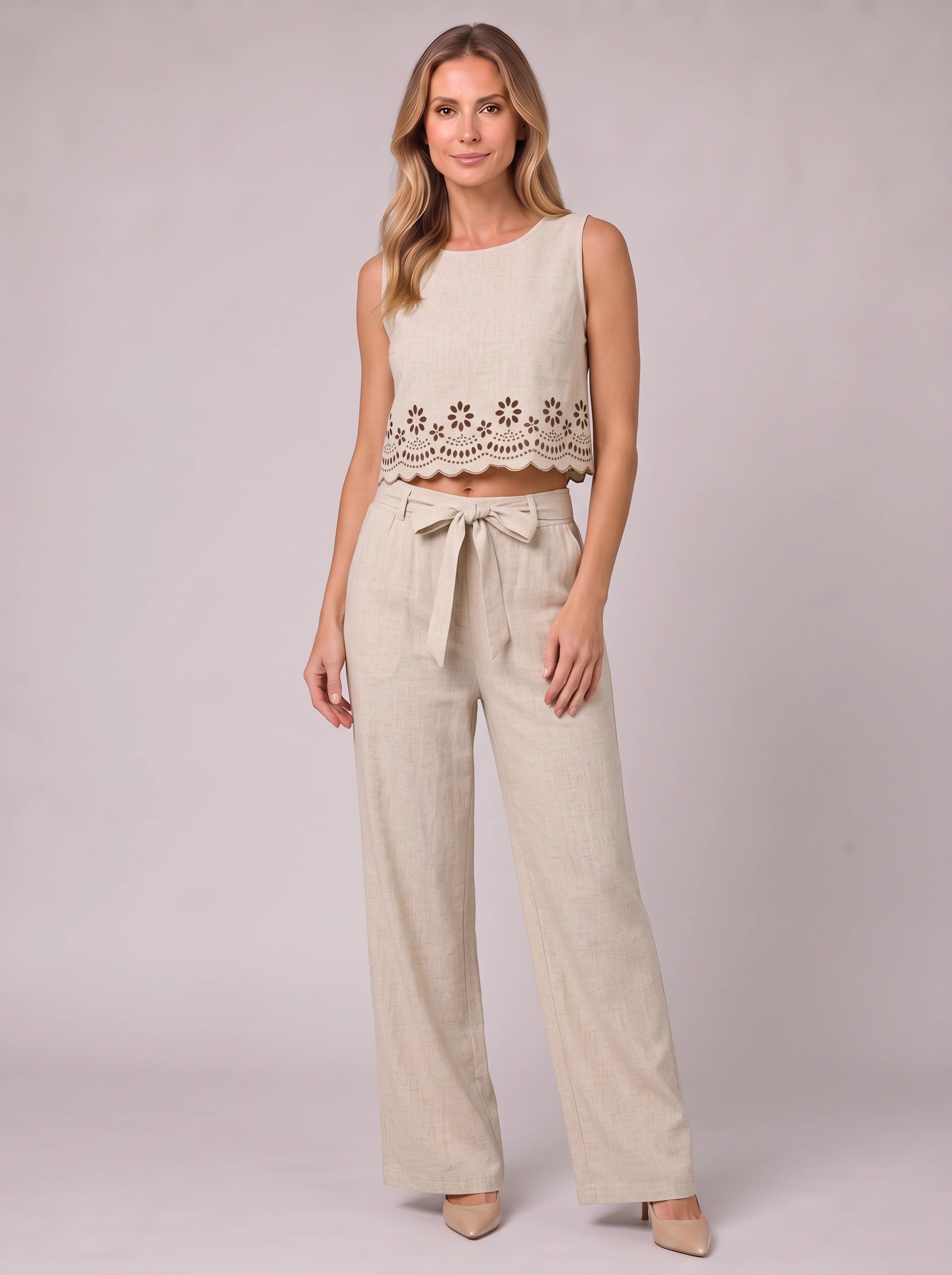 Selah Cutwork Crop Wide-Leg Co-Ord Set – Two Piece Sets Women Matching Set Linen Summer Vacation Casual Lounge 2 Piece Sets Women